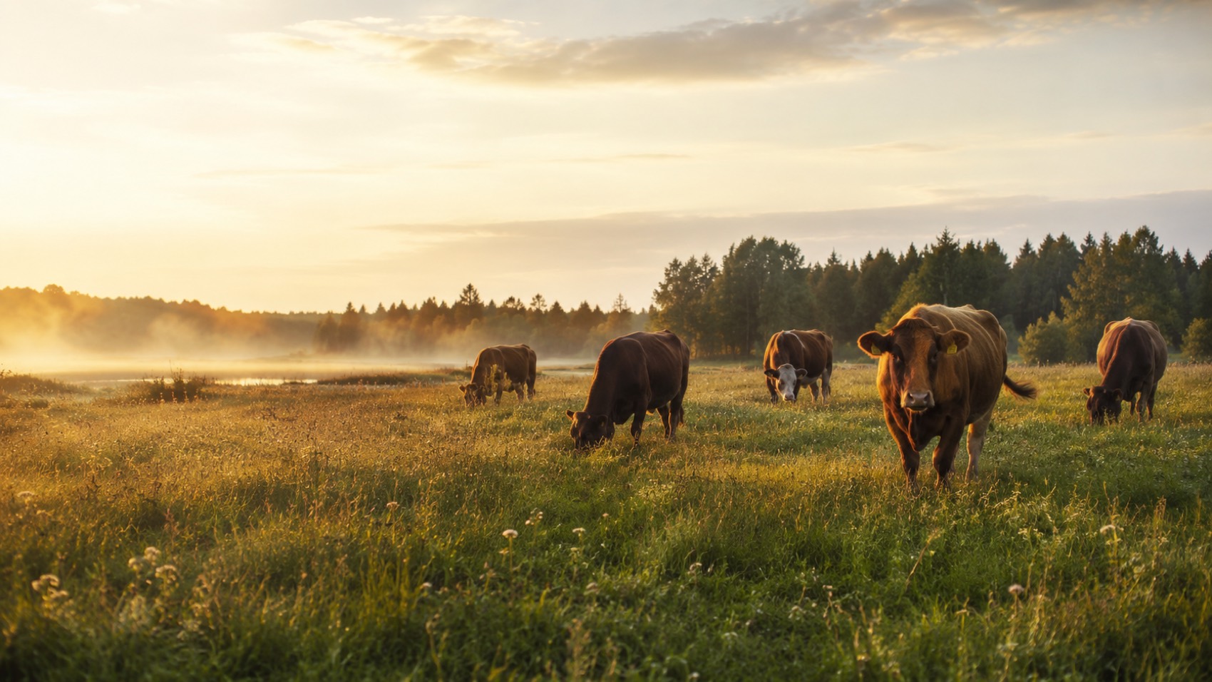 Cattle grazing at dawn in a misty meadow at Sita Nature Park